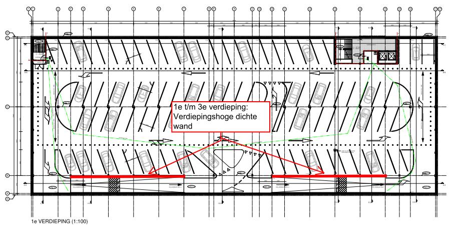 Van de begane grond tot en met de eerste verdieping bevinden zich tussen de parkeerdekken en de hellingbanen verdiepingshoge wanden in verband met de geluideisen (figuur 3.2).