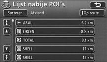 3. Kaartweergaven Lijst POI s langs de ingestelde route weergeven Als een bestemming is ingesteld, kan een lijst POI s langs die route worden weergegeven, met daarbij hun afstand en de richting vanaf