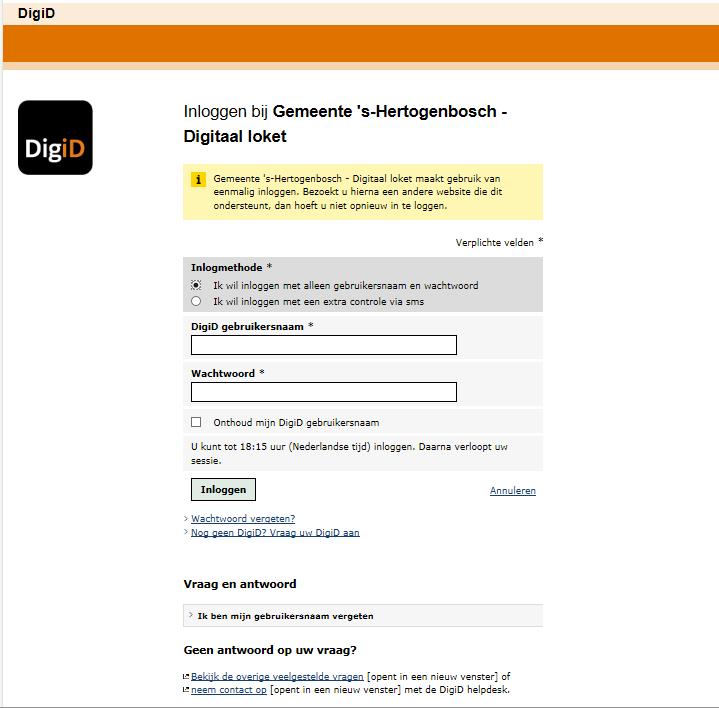 Vervolgens komt u in het aanmeldscherm van DigiD terecht, zie onderstaande afbeelding.