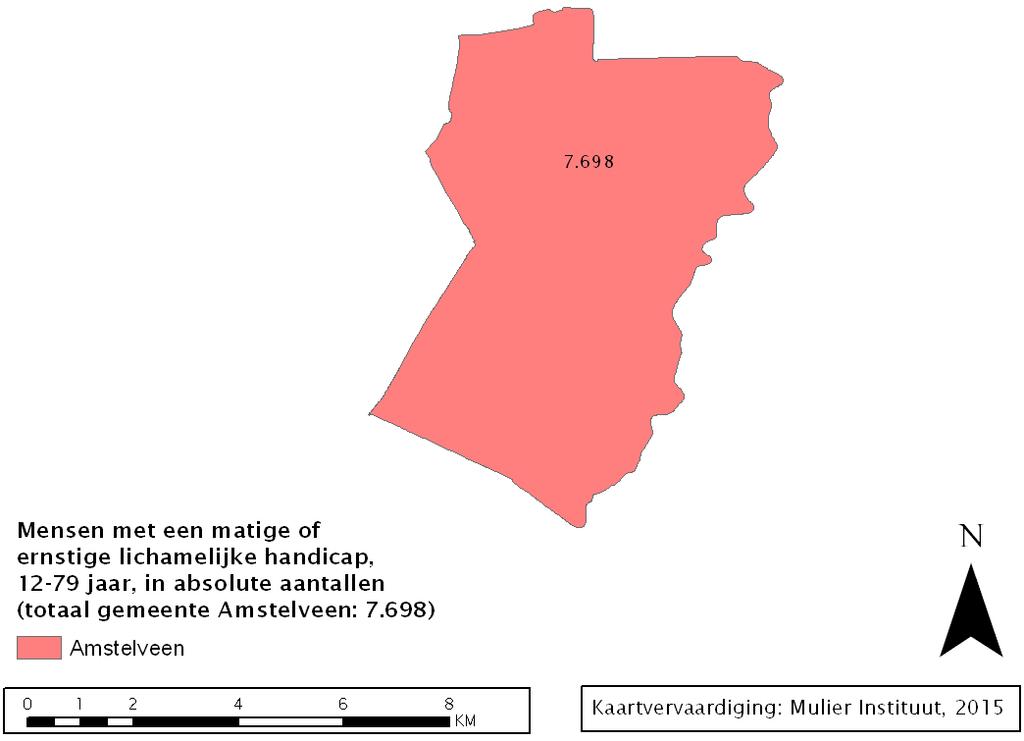 Figuur B2.3 Schatting aantal mensen met een matige of ernstige lichamelijke beperking binnen de gemeente Amstelveen, 12-79 jaar (in aantallen) Figuur B2.