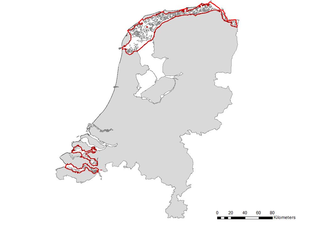 Figuur 1: De onderscheiden onderzoeksgebieden Westerschelde, Oosterschelde en Waddenzee inclusief Eems. De rode stippelijn geeft de grens tussen westelijke en oostenlijke Waddenzee.