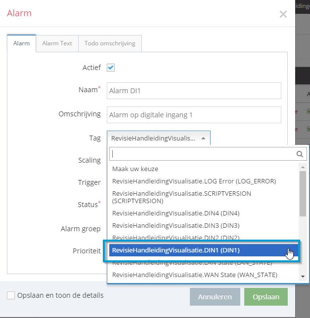 Open de alarmpagina van de router via Administratie > Routernaam > Alarmen (1) en voeg via (2) een nieuw alarm toe. Configureer nu het alarm naar wens.