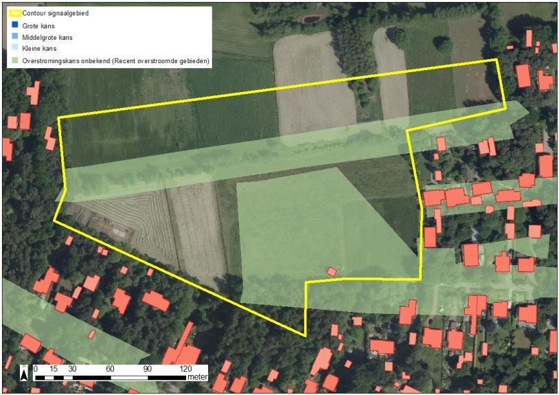 Figuur: De blauwe contouren geven de huidige overstromingskans weer. Hoe donkerder blauw, hoe groter de overstromingskans.