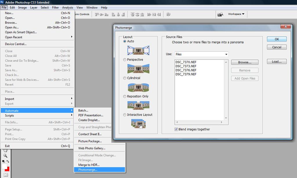 Het stitch proces in Photoshop CS3: Importeer alle bestanden (RAW of JPG) in Photomerge door te klikken op