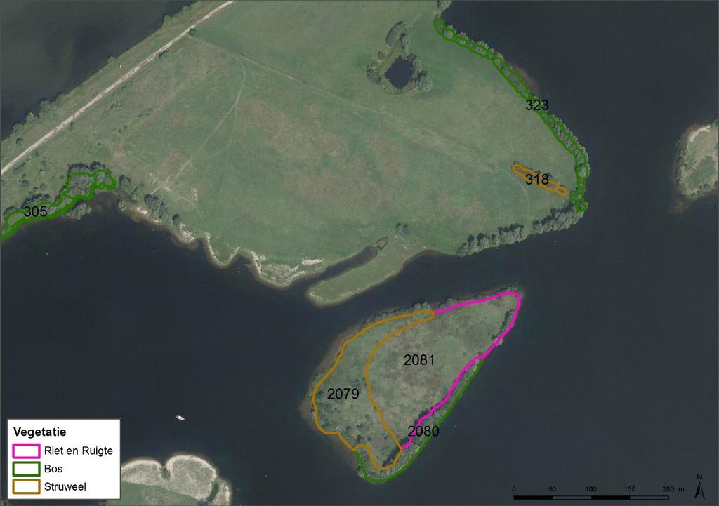 Figuur 2. De locaties van de elementen 318 en 323 in de uiterwaard Asseltsche Plassen. 1.