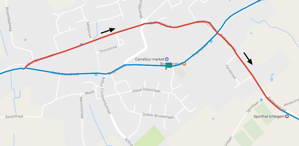 parcours des élites : Iepersteenweg (N369) à Merkem (carrefour De Kippe), où on tourne à gauche vers le Merkemstraat.