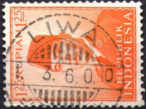 De postzegel is voorzien van de opdruk P.T.T. INDONESIA van Lampong (no. 61) 6 in zwart en van het Japanse transitstempel 502 van het kantoor te Palembang.