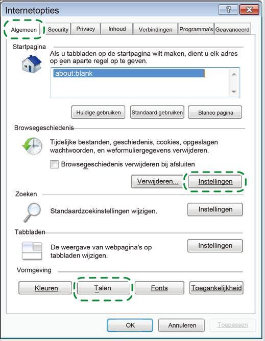 Internet Explorer configureren en Adobe Flash Player en Adobe Reader installeren 2. Klik onder [Browsegeschiedenis] op [Instellingen].