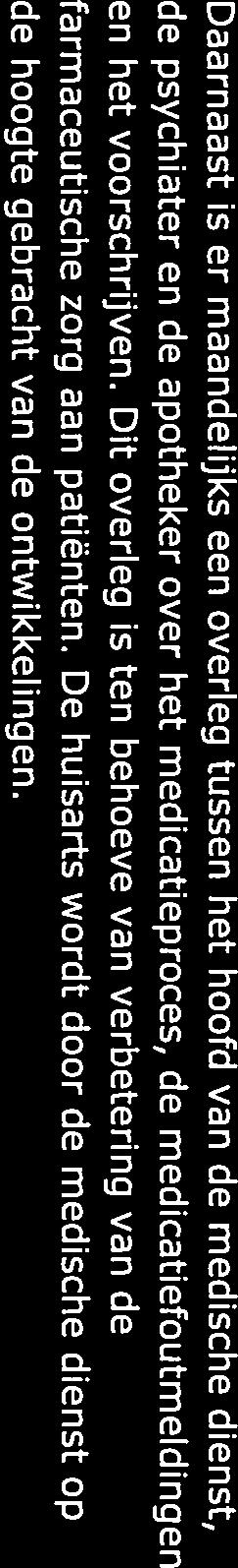 Daarnaast is er maandelijks een overleg tussen het hoofd van de medische dienst, de psychiater en de apotheker over het medicatieproces, de medicatiefoutmeldingen en het voorschrijven.