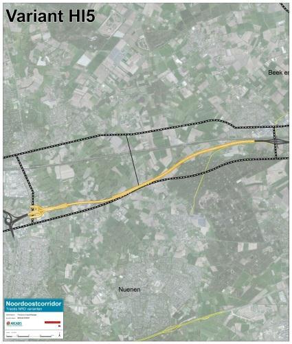 Deelgebied Dommeldal-Lieshout (HI) In dit deelgebied zijn vijf alternatieven onderzocht (WMK=Wilhelminakanaal): HI-1 Ten zuiden van het Wilhelminakanaal, gebundeld, Dommeldal met brug HI-2 Ten zuiden