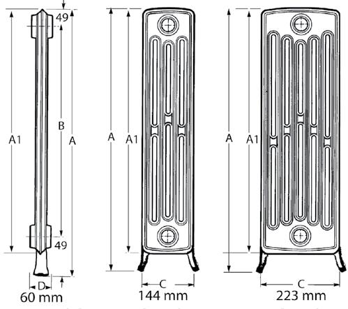 DRL COLONINNE 6 koloms gietijzeren radiator. uthentieke kranenset DRL DECO rons met éénhendel kraan haaks en handvat uit hout, ontluchter, blindstop en haaks voetventiel.