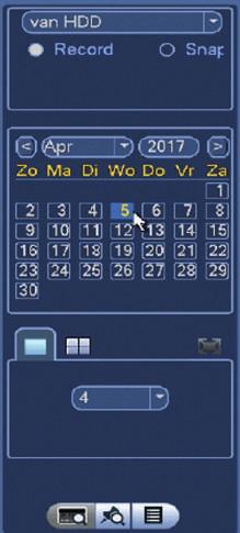 Selecteer in dit scherm de juiste dag. Selecteer het enkele scherm linksboven de 4. Selecteer nu de camera waar het omgaat. Klik vervolgens rechtsonder opnames te zien.