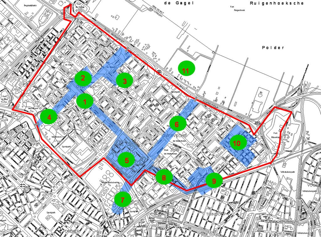 6. De Prachtplekken en Prachtverbindingen Legenda: Blauw - Gebied van de Prachtplekken en Prachtverbindingen Rode lijn- Prachtverbinding 11 Legenda Prachtplekken: 1. Carnegiedreef 2.