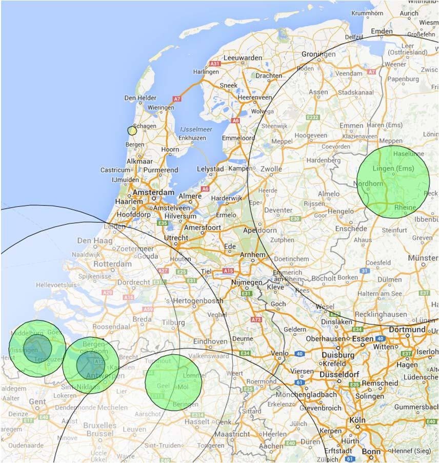 Figuur 3 In 2014 aangepaste preparatiezones voor stralingsongevallen met binnenlandse en buitenlandse kernreactoren, voor zover deze zones in Nederland van toepassing kunnen zijn Niet voor alle