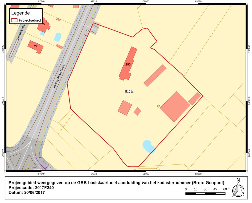 Figuur 1: Projectgebied weergegeven op de GRB-Basiskaart met aanduiding van de