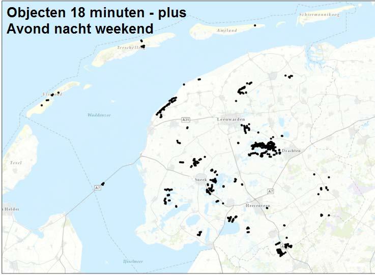 Uit theoretische berekeningen blijkt echter dat Brandweer Fryslân in de dag-situatie 0,6% van alle objecten binnen haar verzorgingsgebied niet binnen deze wettelijke grens van 18 minuten bereikt.