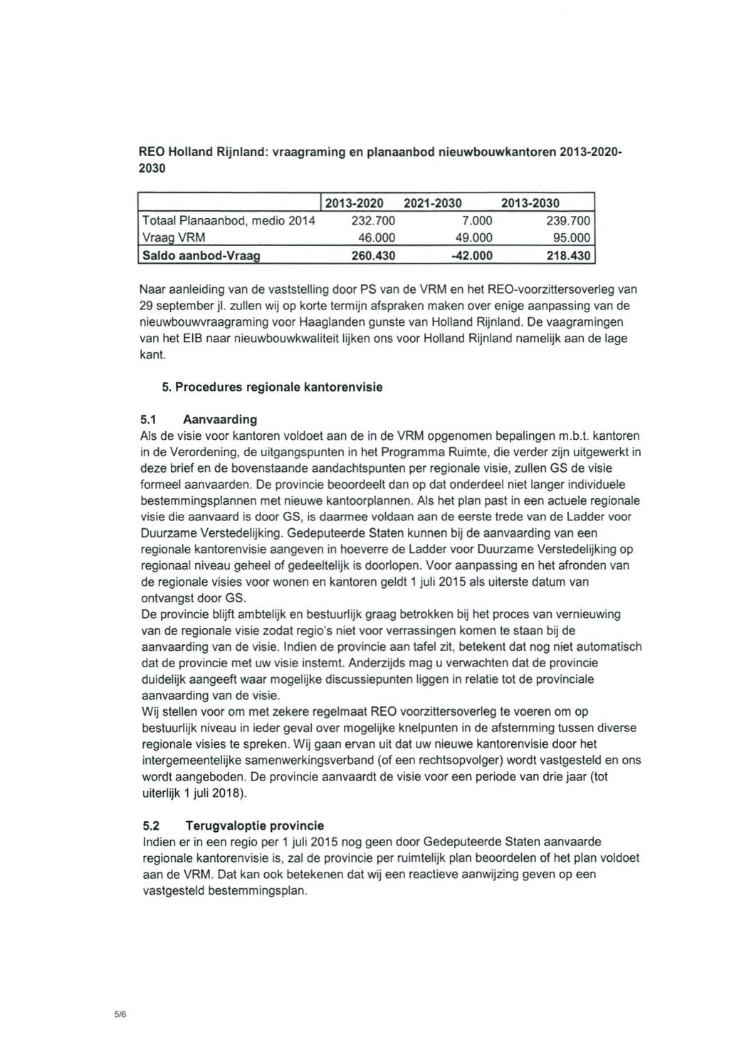 REO Holland Rijnland: vraagraming en planaanbod nieuwbouwkantoren 2013-2020- 2030 2013-2020 2021-2030 2013-2030 Totaal Planaanbod, medio 2014 232.700 7.000 239.700 Vraag VRM 46.000 49.000 95.