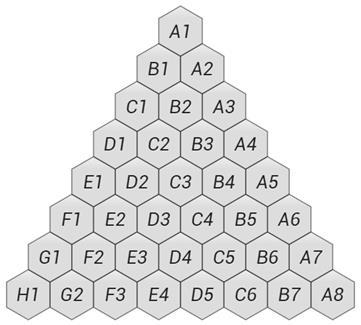 Aan het begin van het spel lezen beide spelers vijf regels als invoer. Iedere regel geeft de positie aan van één van de bruine tegels (bijvoorbeeld B4 ).