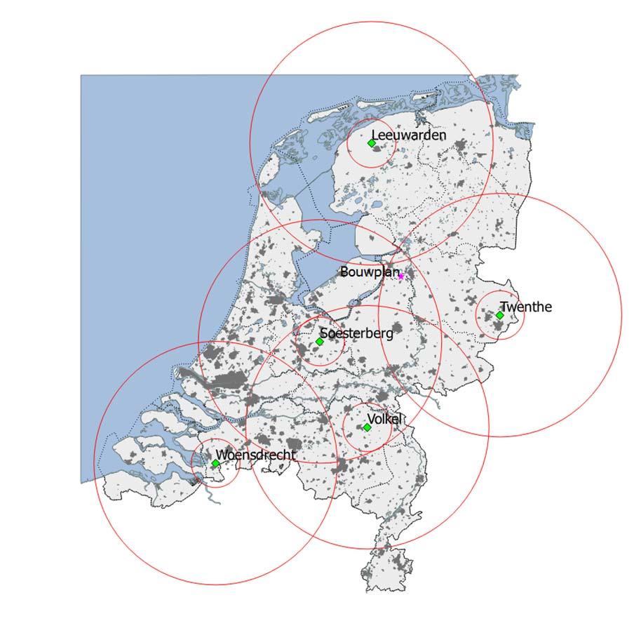 6/16 Figuur 2. Locaties van de vijf MASS verkeersleidingsradarsystemen (groene ruit) met daaromheen de 15 en 75 km cirkels.