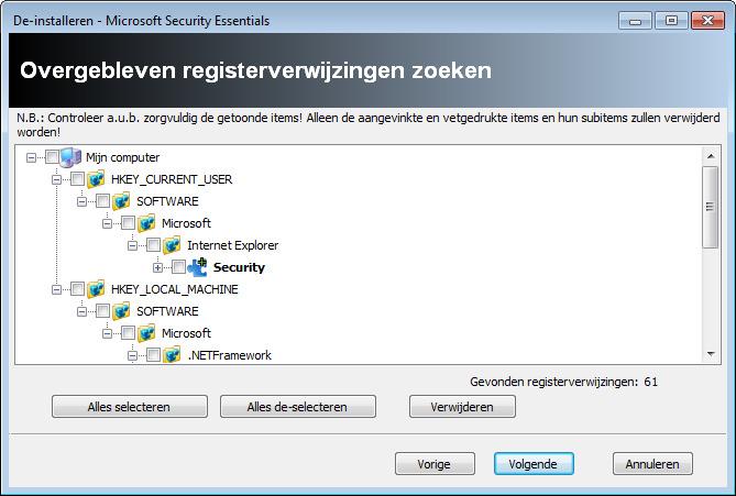 Bladzijde 5 van 5 Klik op Alles selecteren en vervolgens op Verwijderen. Na op Ja te hebben geklikt worden de registerresten verwijderd.