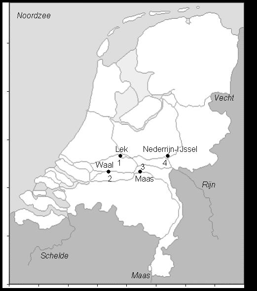 4.3 Zalmsteekmonitoring grote rivieren 4.3.1 Locaties Op de twee Nederlandse rivieren Rijn en Maas wordt een monitoring naar anadrome vis uitgevoerd.