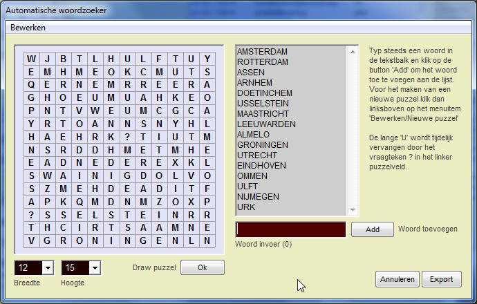 Automatische woordzoeker --------------------------------------- Met dit programma kan een woordzoeker worden gemaakt. Met onderstaande afbeelding (Fig.