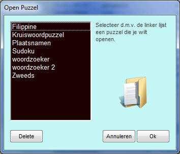 Puzzel openen ---------------------- Om direct een bestaande puzzel te bekijken staan er een aantal voorbeeld puzzels die met dit programma zijn bijgeleverd.