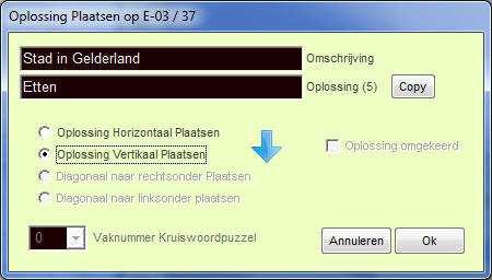 Fig. 9 Letter plaatsen ---------------------- Als er een fout is gemaakt in de omschrijving of oplossing kun je met deze mogelijkheid (Fig. 10) één letter weer terug plaatsen.