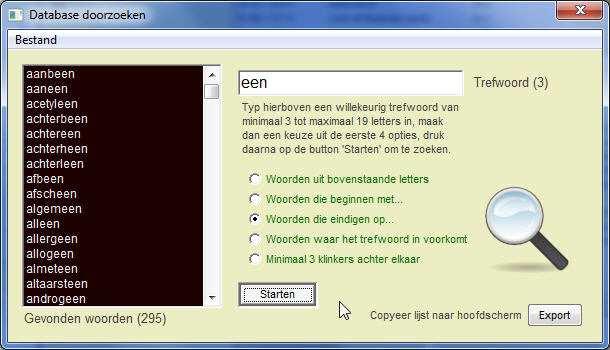 Fig. 13 Typ een trefwoord in en klik op de button 'Starten' om in de database te gaan zoeken naar de betreffende woorden.