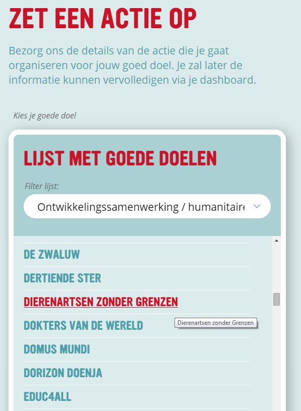 Kies de filter Ontwikkelingssamenwerking / humanitaire dienstverlening en klik in de