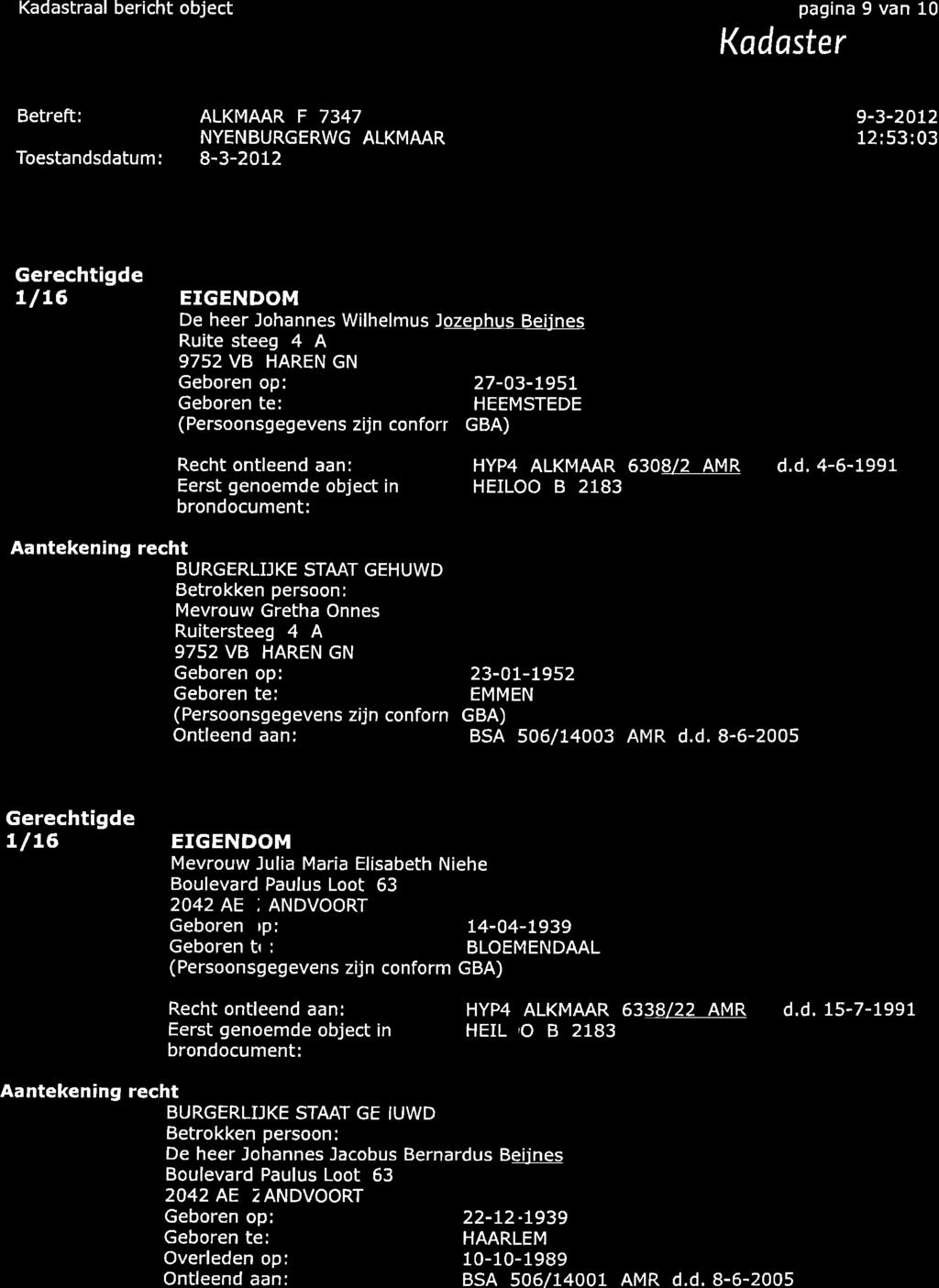Kadastraal bericht object pagina 9 van 10 Kadaster Betreft: ALKMAAR F 7347 9-3-2OL2 NYENBURGERWG ALKMAAR 12:53:03 Toestandsdatum: 8-3-2012 Gerechtigde t/l6 ETGENDOM De heer Johannes Wilhelmus