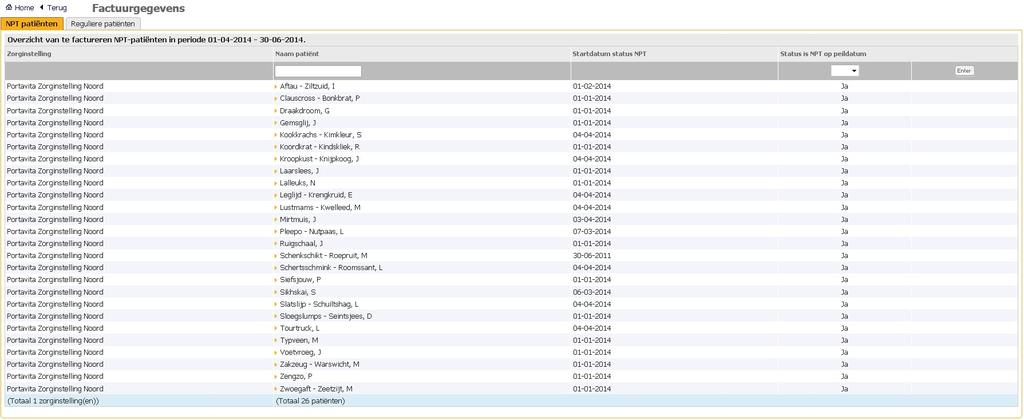 Factuurgegevens NPT Klik op de HOMEPAGE op factuurgegevens. Er staan twee tabs, namelijk NPT patiënten en Reguliere patiënten.