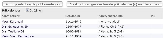 Standaard toont het scherm de kalender van vandaag en alleen de NPT-patiënten. Bij het werken met NPT kan men aan de hand van deze prikkalender bij de patiënten langsgaan om de INR te meten.