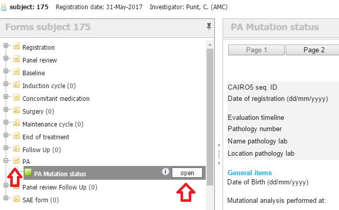 4. Invullen pathologie formulier Bij een nieuwe patiënt vult u bij baseline het PA formulier in (pathologie). Zie Fig. 4.1 LET OP: Doe dit zo snel mogelijk wanneer de mutatie uitslag bekend is.