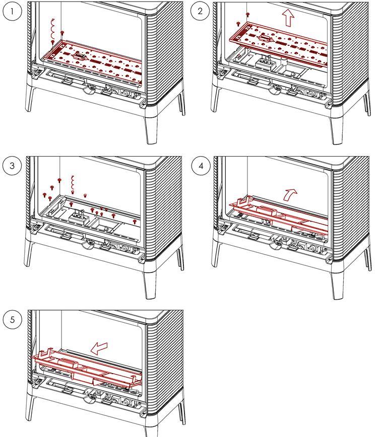 Verwijderen brander en branderlade Verwijder de 4 schroeven van de brander en verwijder de brander.
