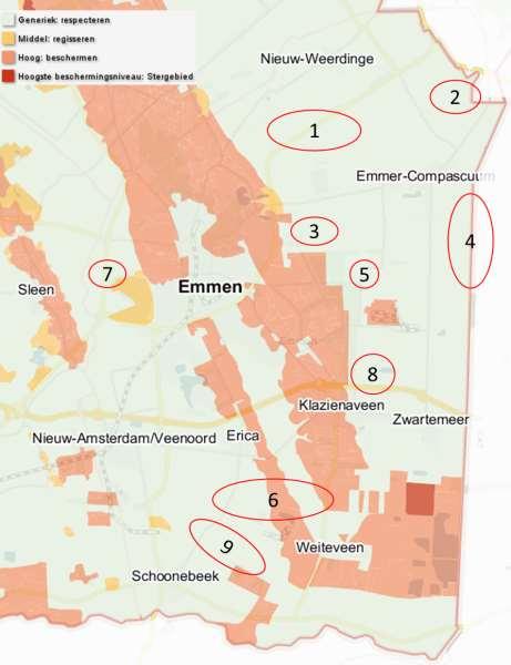 Figuur 5.13: Aardkundige waardenkaart met beschermingslocaties in gemeente Emmen, bron: Atlas van Drenthe, 2014. Het eerste niveau betreft gebieden met een hoog beschermingsniveau.