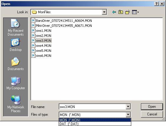 2.2.4 Importeren Diver-gegevens (CTRL-E) Met deze optie kunt u Diver-dataloggergegevens uit MON- en DAT-bestanden importeren in Diver-Office.