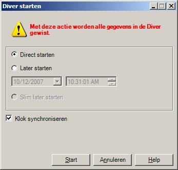 Hier kunt u kiezen uit drie startmethoden: Direct starten Selecteer deze optie om de Diver direct te starten.