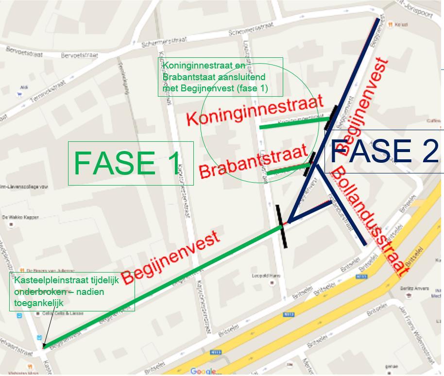 Uitvoering gefaseerde uitvoering Fase 1a Begijnenvest vanuit Kasteelpleinstraat - AUGUSTUS DECEMBER Aansluiting Kasteelpleinstraat (bouwen van ondergrondse put) => wordt onmiddellijk tijdelijk