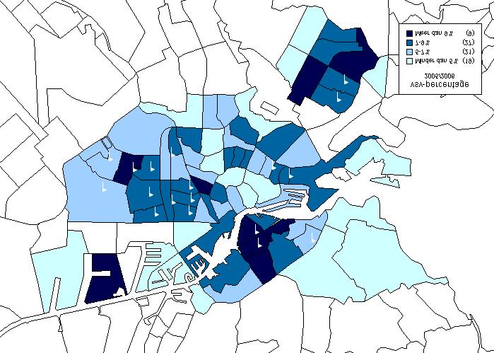 Vier grote steden Een wijk bestaat uit één of meer postcodegebieden. In onderstaande figuren is het percentage vsv ers in de postcodegebieden van de vier grote gemeenten zichtbaar gemaakt.