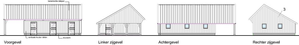 De gevelbekleding en de deuren zijn verticale houten delen met een zwarte kleur, de kozijnen worden gebroken wit. De plint van stucwerk krijgt een grijze kleur.