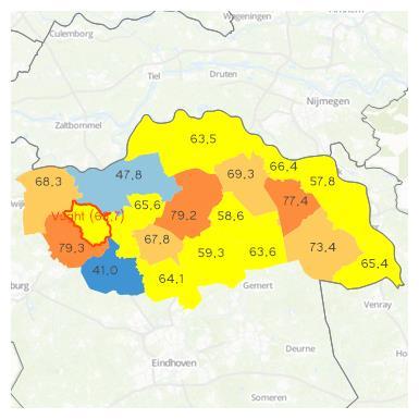 Figuur 5: Aandeel eengezinswoningen (corporatiewoningen) gespecificeerd naar gemeenten per woningmarktregio Noordoost Brabant(links) en wijken per gemeente Vught (rechts) Huurpunten