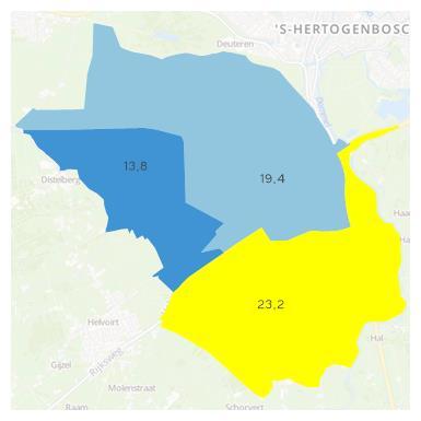 Figuur 11: Aantal huishoudens doelgroep huurtoeslag gespecificeerd naar gemeenten per woningmarktregio Noordoost Brabant(links) en wijken per gemeente Vught (rechts) Netto besteedbaar huishoudinkomen