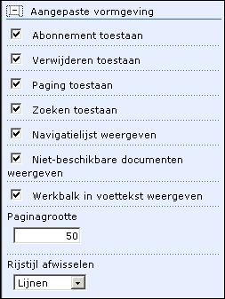 Het webonderdeel Documentenlijst configureren Het webonderdeel configureren 3 Optie Beschrijving Abonnement toestaan Met deze optie kunt u de knop Abonneren weergeven of verbergen.