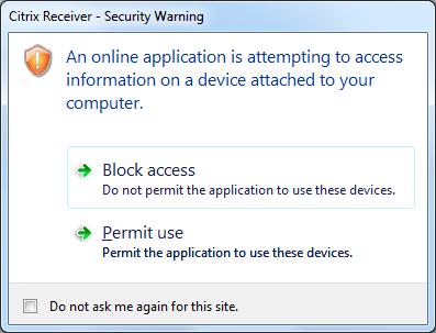 3) Omdat het mogelijk is om vanuit de Remote Werkplek, documenten van uw eigen computer te kunnen bewerken vraag de Citrix Receiver om toegang tot uw computer.