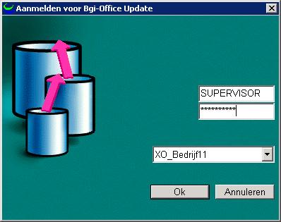 Selecteer in het updateconversiescherm Aanmelden voor Bgi-Office Update de juiste ODBC-koppeling (meestal XO_Bedrijf11) en voer gebruikersnaam Supervisor en het bijbehorende wachtwoord in.