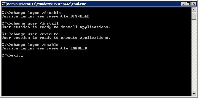 6. (BELANGRIJK) Haal de Terminal Server weer uit de install mode/breng de Terminal Server in execute mode door ingave van het volgende commando in de Command Prompt, gevolgd door [Enter]: Change user