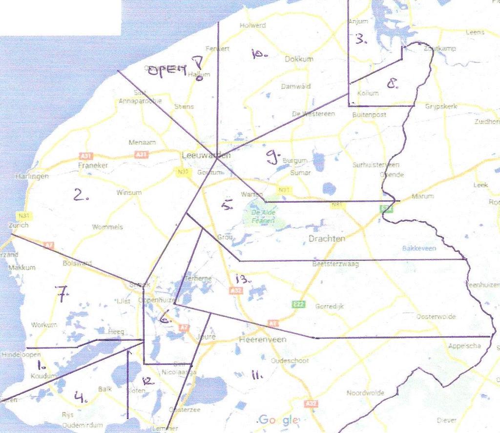 Figuur 3.1: Kaart met globale visgebieden van de beroepsvissers aangesloten bij de Friese Bond van Binnenvissers. De nummers corresponderen met de nummers in tabel 3.1. In het gebied in gemeente Het Bildt zijn de aalvisrechten niet verhuurd.
