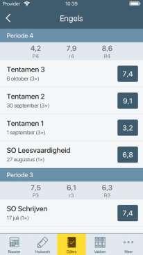 Een toets die meetelt voor meerdere perioden wordt onder al deze perioden weergegeven. Als je in de bovenbouw zit, kan je zowel voortgangsdossiertoetsen als examendossiertoetsen zien in de app.