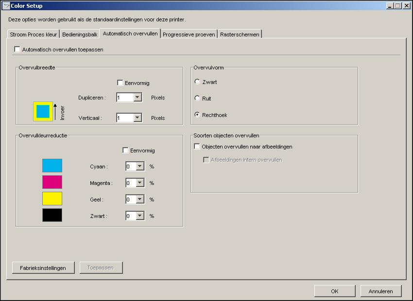 FUNCTIES VAN COLOR SETUP 64 Deelvenster Automatisch overvullen Open het deelvenster Automatisch overvullen door op het tabblad Automatisch overvullen in het dialoogvenster ColorWise Pro Tools Color